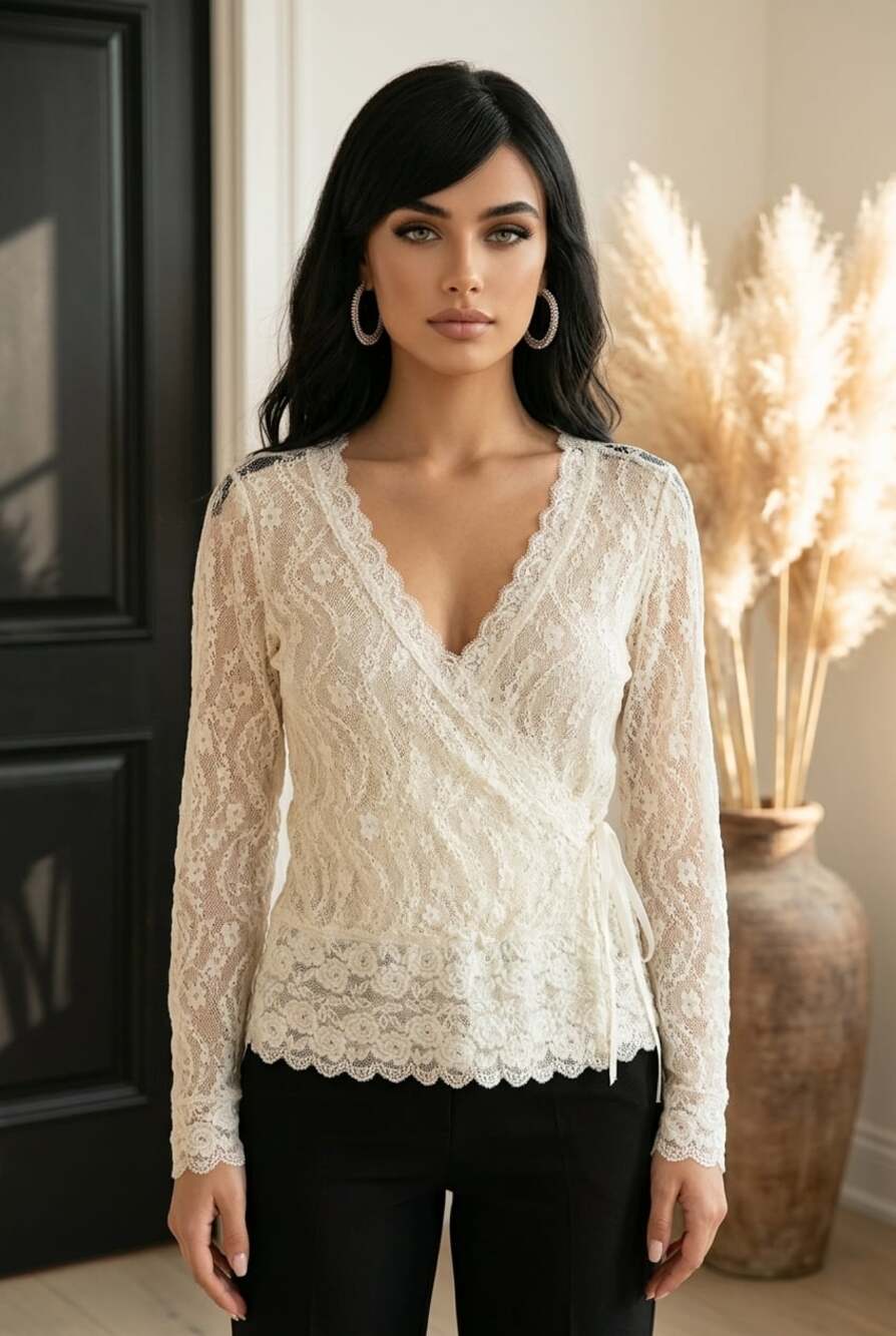 Apostrophe Women's Cream Lace Wrap Top Size L/G (14-16)